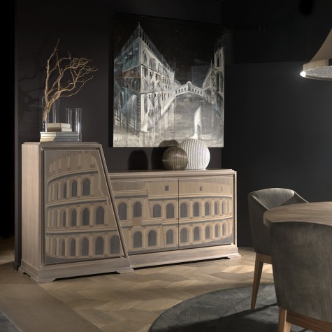 Credenza porta TV in legno con ripiani intarsiata a mano Colosseo