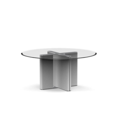 Round table in extra-clear bevelled glass with legs available in lacquered versions