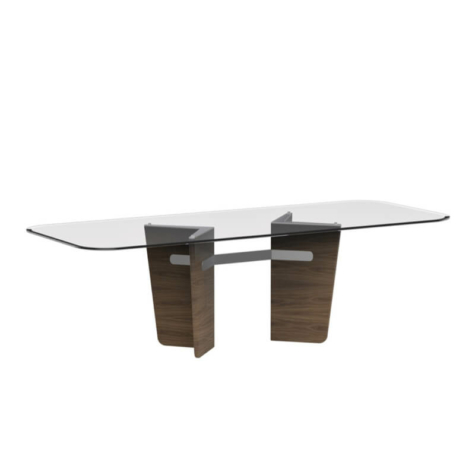 Rectangular table in extra-clear bevelled glass with legs in American Walnut wood