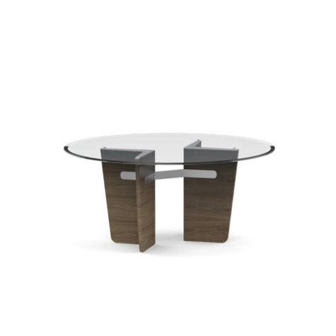 Round table in extra-clear bevelled glass and with legs in American Walnut wood