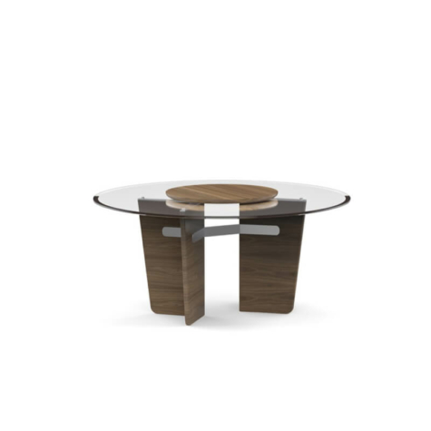 Round table in extra-clear bevelled glass and with legs in American Walnut wood