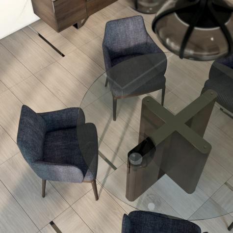 Round table in extra-clear bevelled glass with legs available in lacquered versions