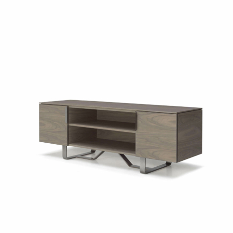 TV unit with 2 doors, central open compartment and top in American Walnut wood