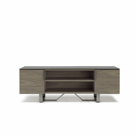 TV unit with 2 doors, central open compartment and top in American Walnut wood