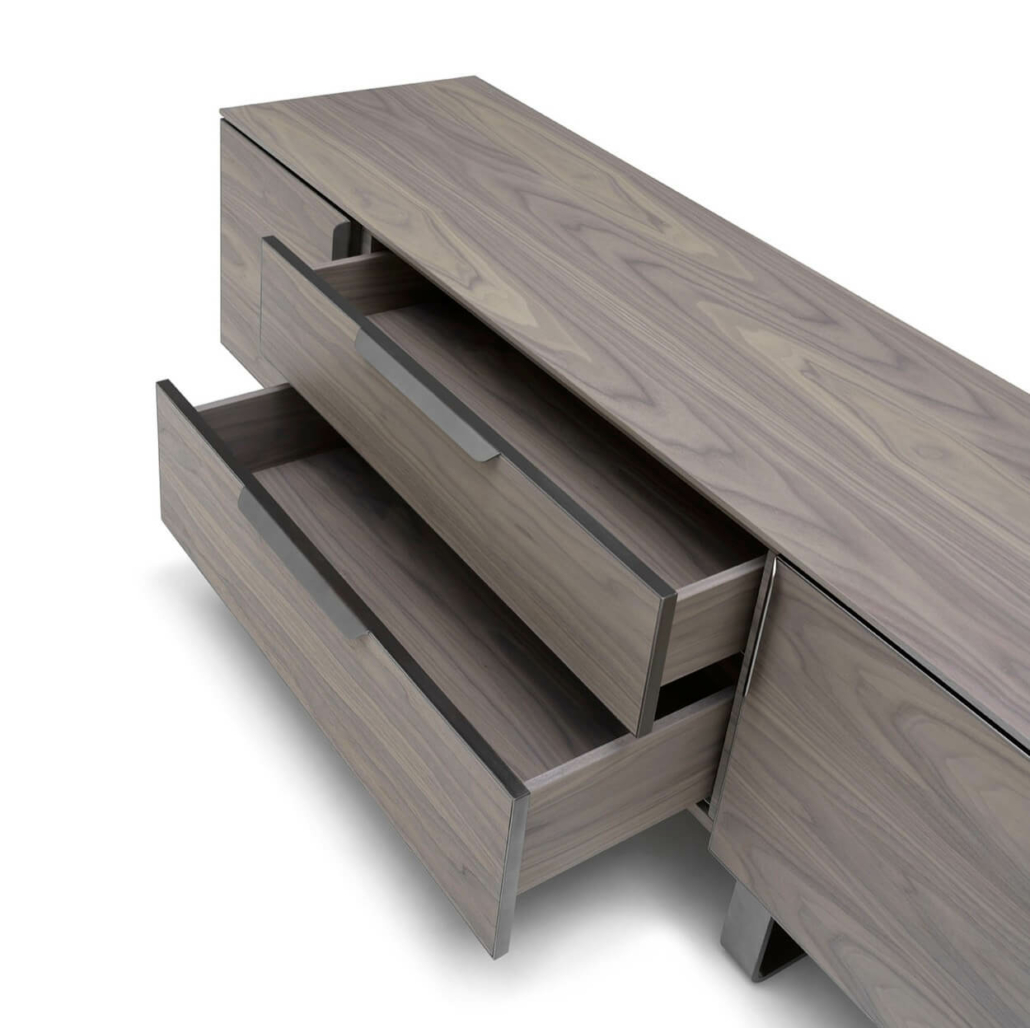 TV unit with 2 doors, central drawers and top in American Walnut wood,  designed by Marco Piva. - Arte Brotto