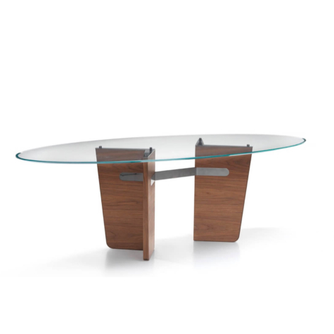 Oval table in extra-clear bevelled glass with legs in American Walnut wood