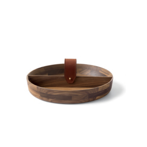 Round tray in walnut complete with leather strap