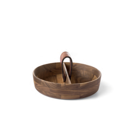 Round tray in walnut complete with leather strap