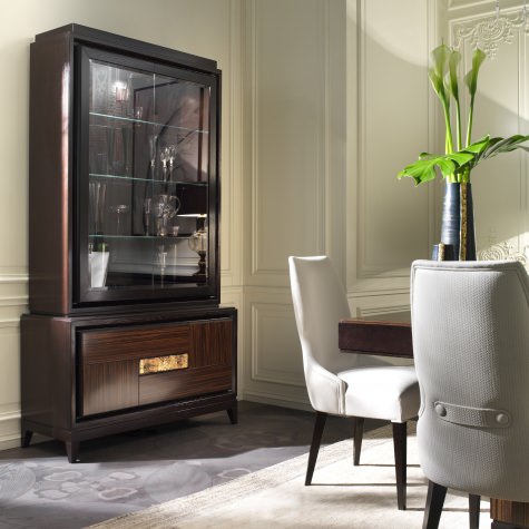 Glass cabinet in walnut or oak with 2 drawers