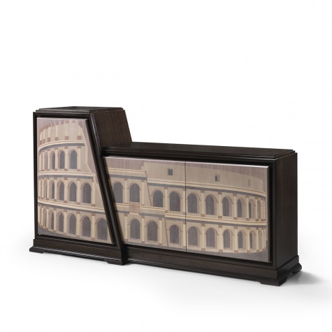 Credenza porta TV in legno con ripiani intarsiata a mano Colosseo