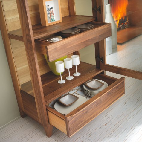 Glass cabinet in solid walnut with 1 door and 2 drawers